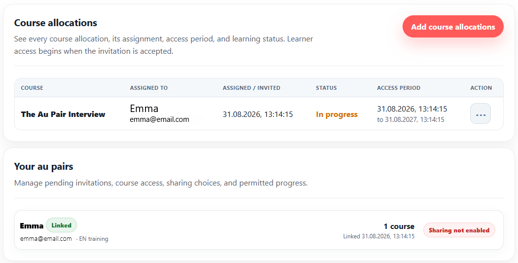 Host-family dashboard showing an au pair’s course progress